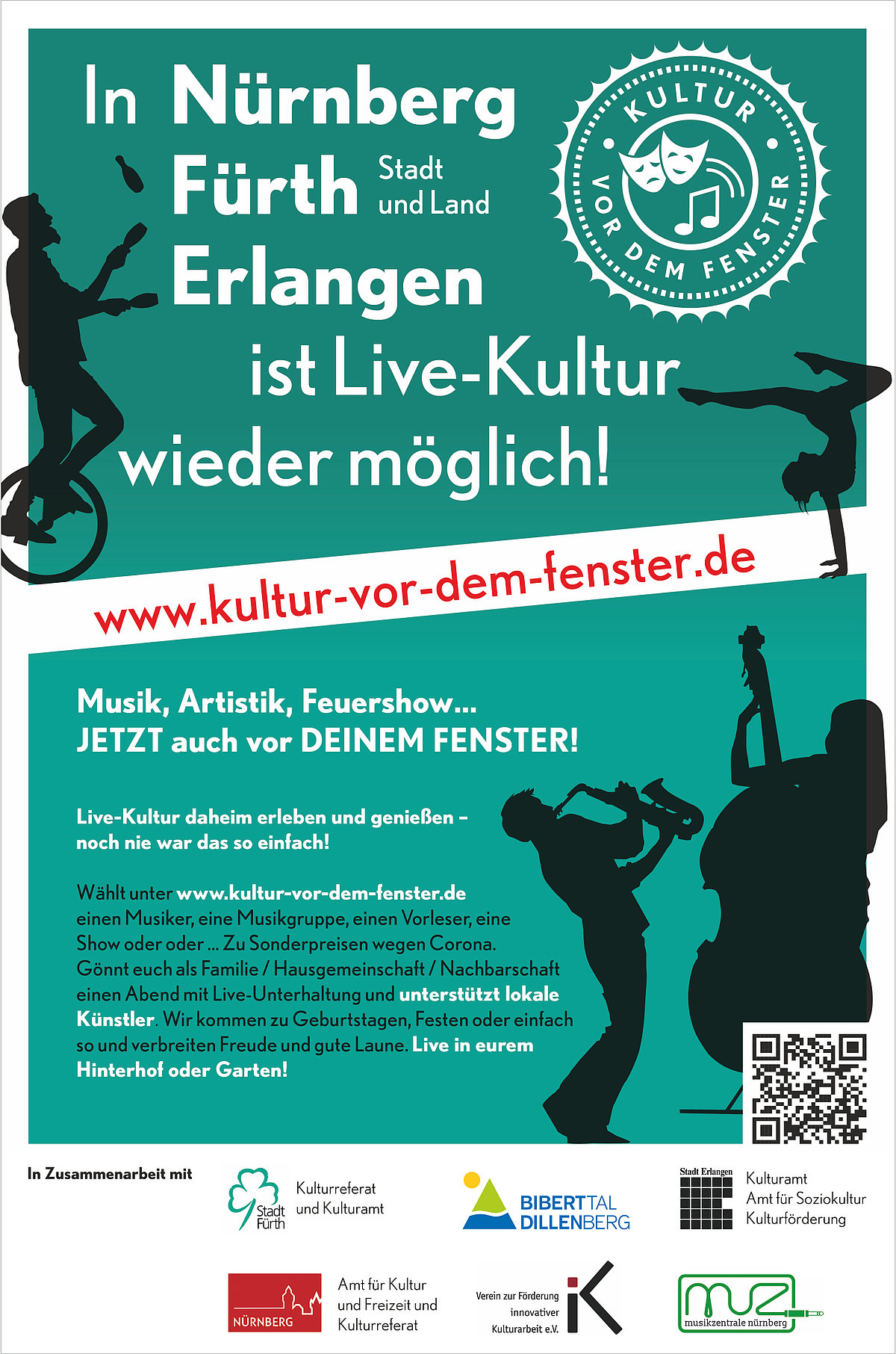 Plakat der Aktion Kultur vor dem Fenster